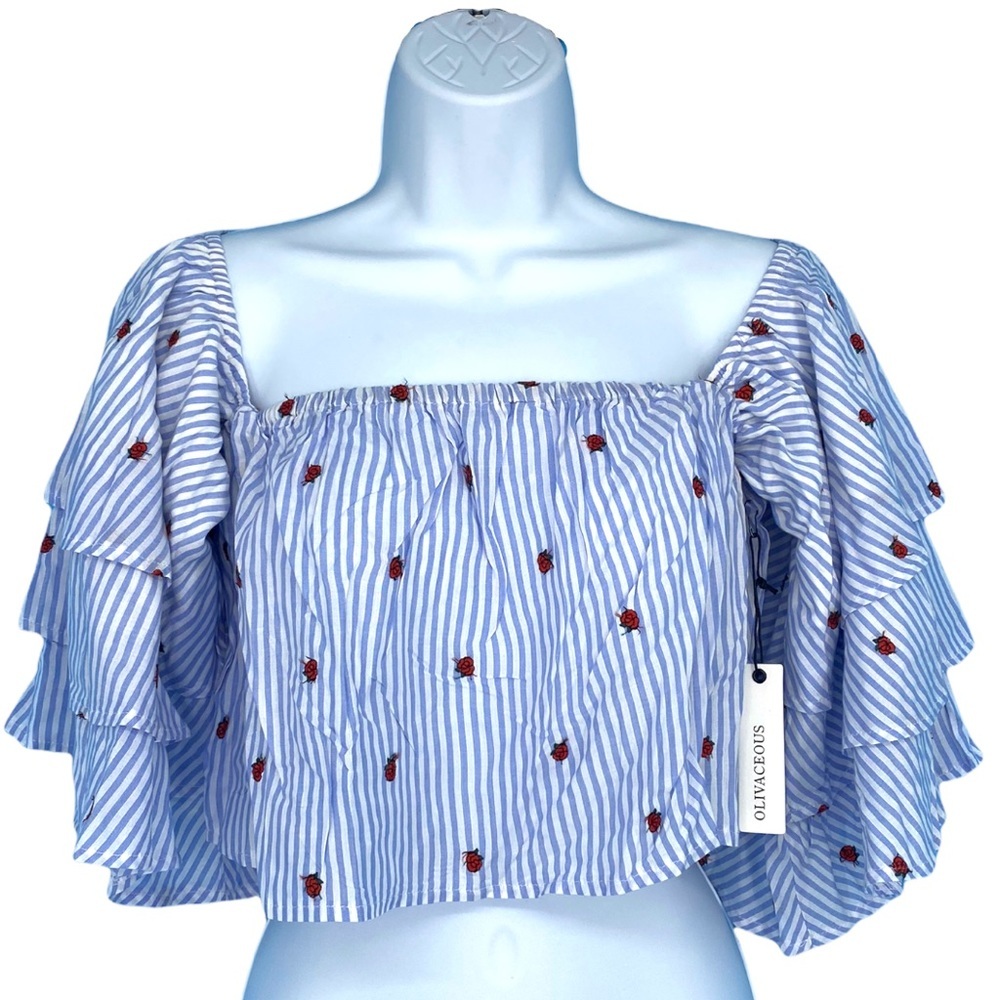 Olivaceous Crop Top Small Blue White Stripe Roses Off The Shoulder Ruffle Sleeve
